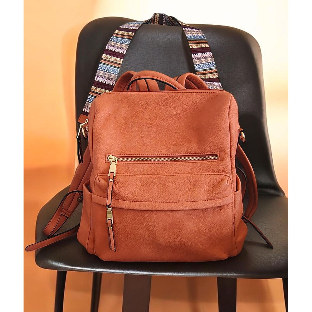 Jen Co Backpack Medium Orange Vegan Faux Leather Convertible Boho Strap Purse 1x